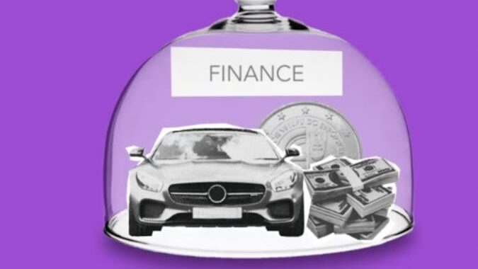 Creative collage showcasing finance themes with car, cash, and coins under a glass dome.